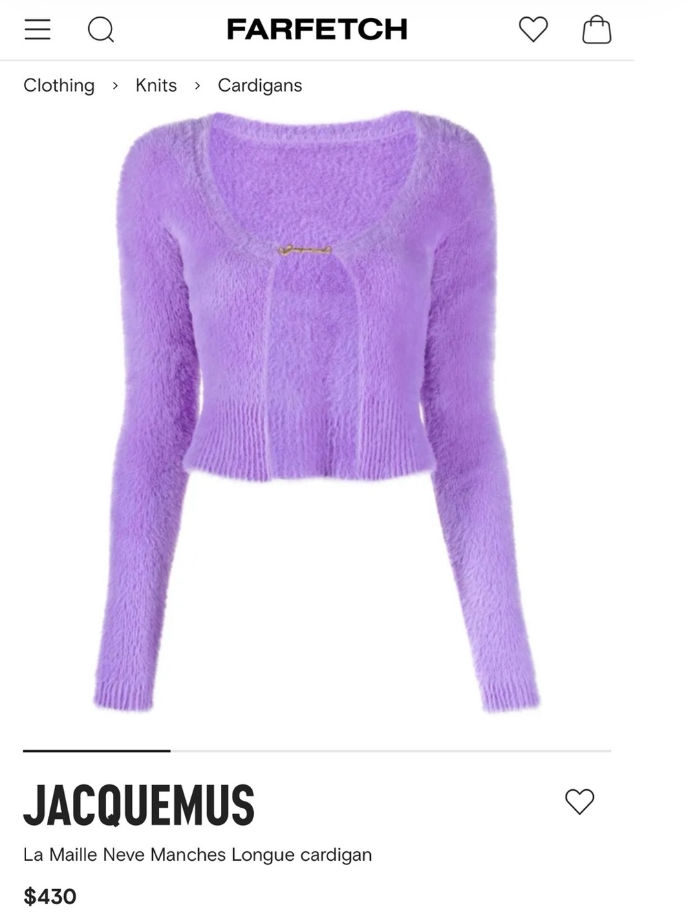 Jacquemus Lilac Fuzzy Cropped Cardigan with Gold Clip